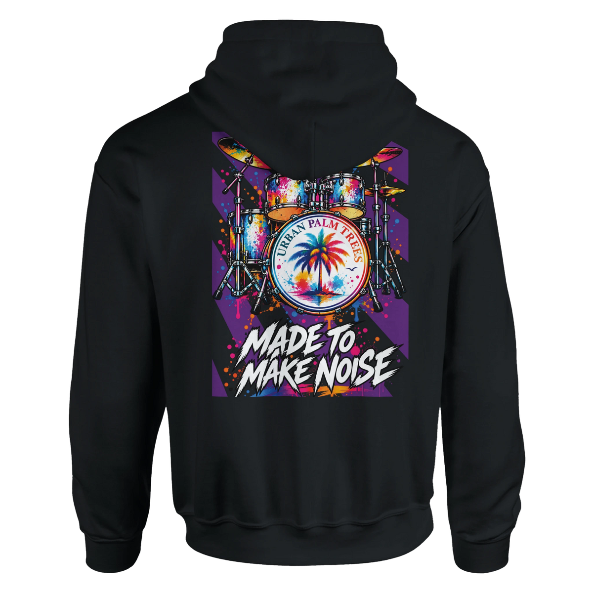 Black men's hoodie featuring a colorful retro drum kit back print with a palm tree on the bass drum and "Made To Make Noise" text.