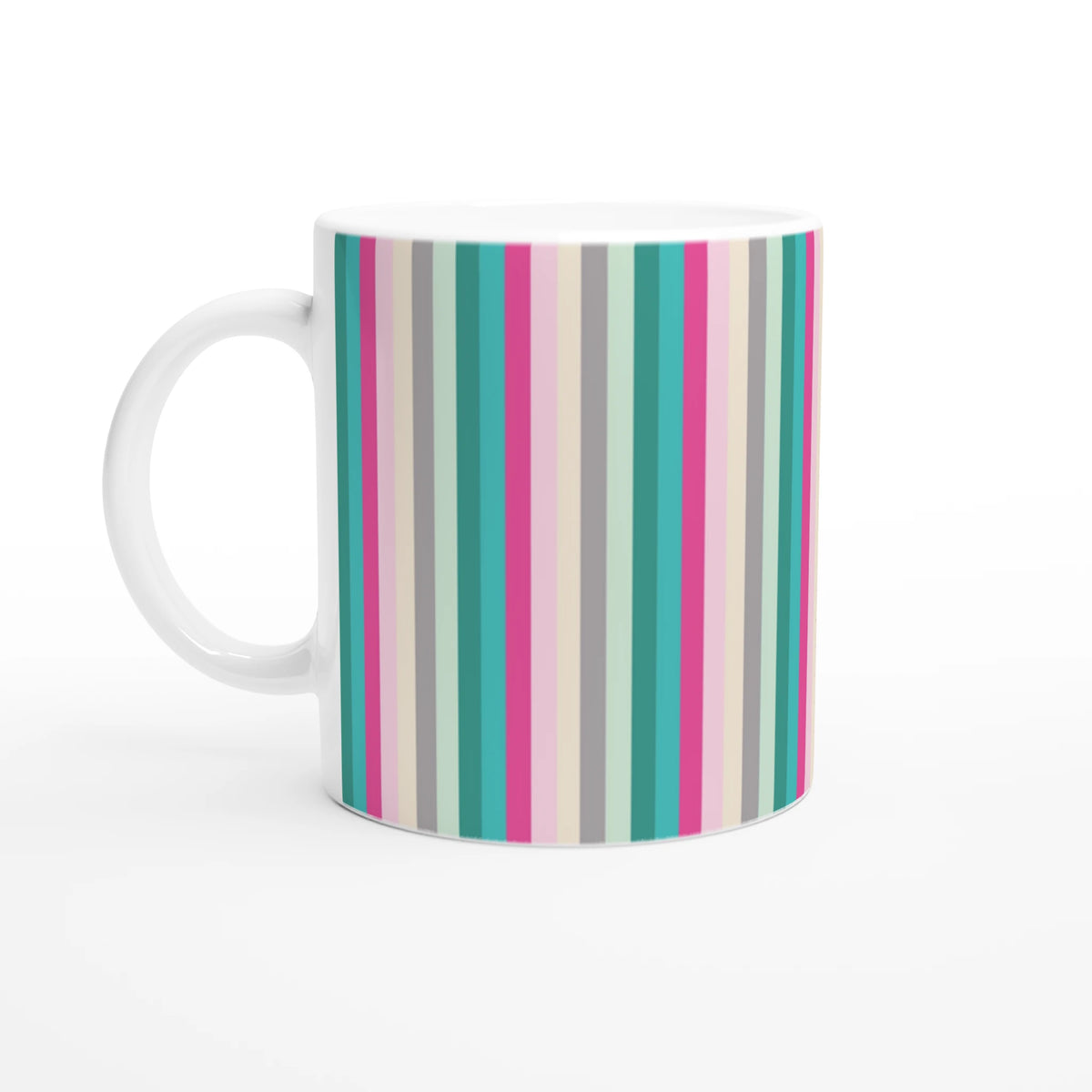 Pastel rainbow stripe ceramic mug with white handle on white background