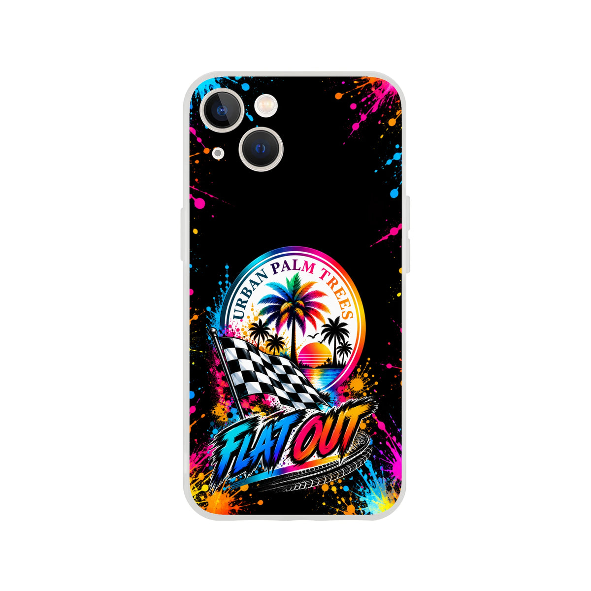 Flat Out Car Culture iPhone case features colorful paint splatters, a checkered racing flag, and Urban Palm Trees sunset graphic.
