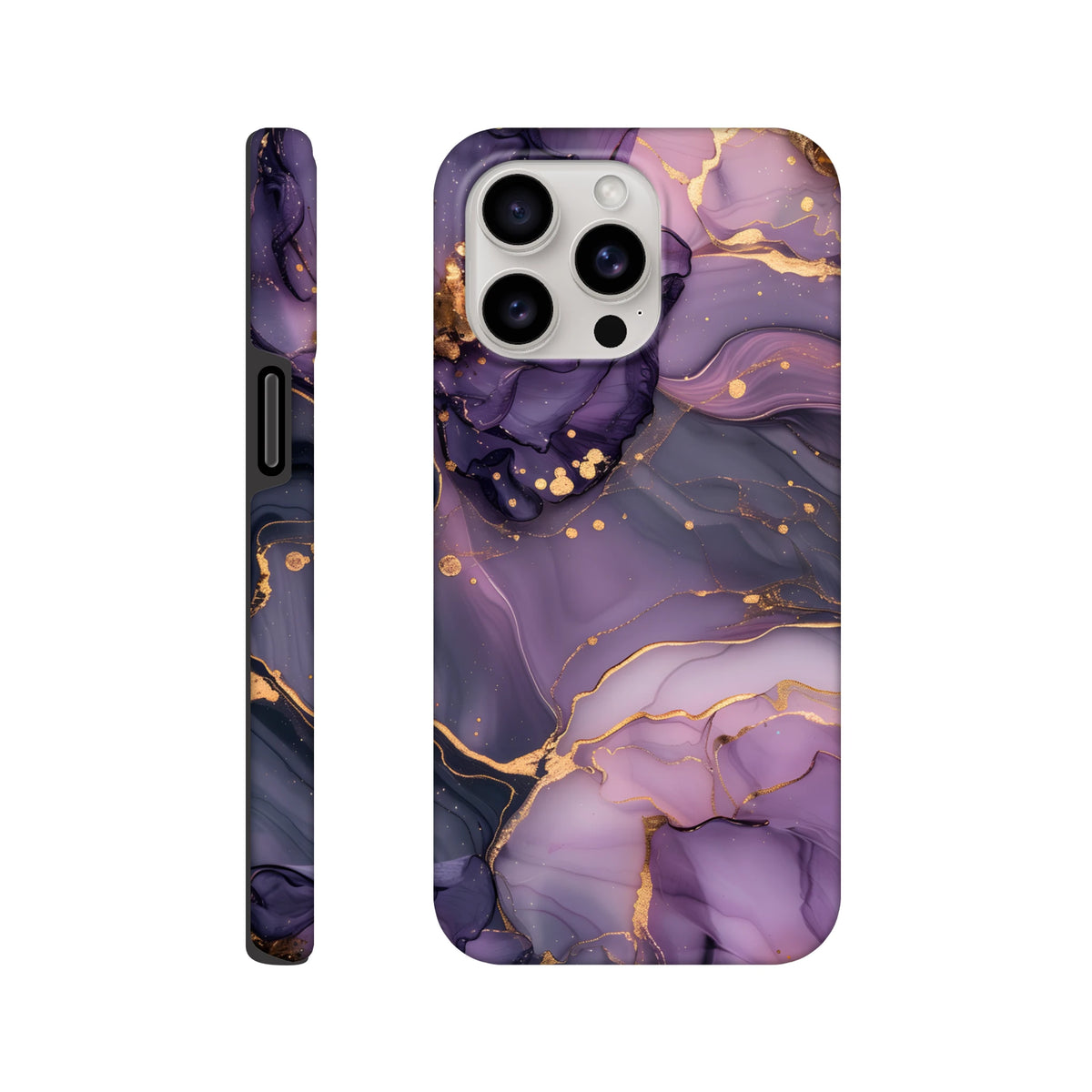 Luxury abstract purple and gold marble iPhone case with wraparound design, gold veins, and speckles for models 13-16.