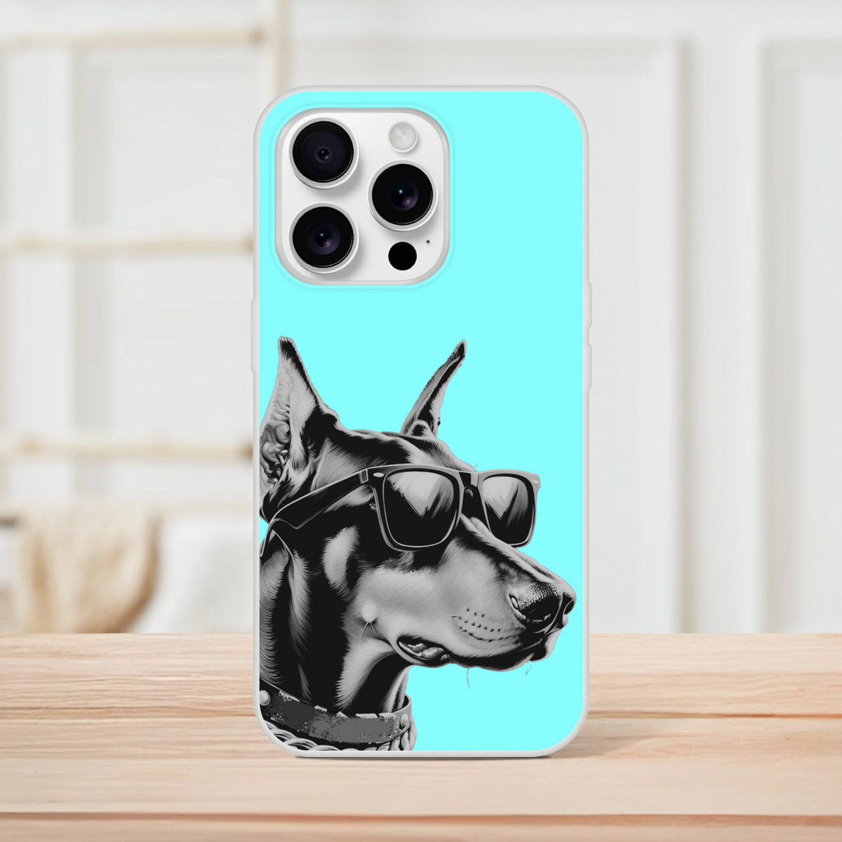 Cool Dog iPhone Case (13-16) Retro Aesthetic turquoise cover with dog illustration.