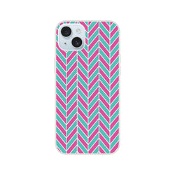 Pink and turquoise herringbone iPhone case with geometric chevron pattern. Matte TPU cover for iPhone 13-16, supporting wireless charging.