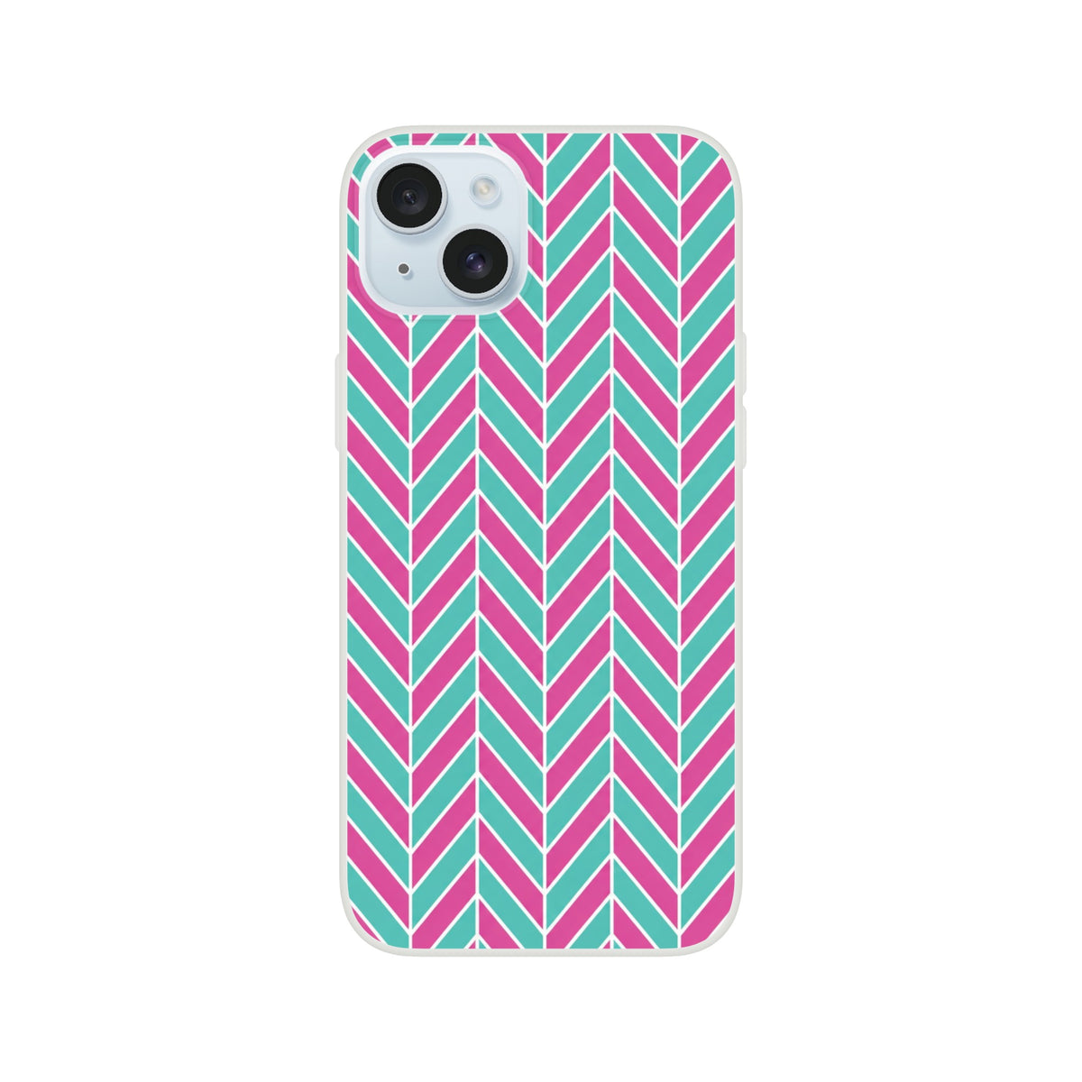 Pink and turquoise herringbone iPhone case with geometric chevron pattern. Matte TPU cover for iPhone 13-16, supporting wireless charging.