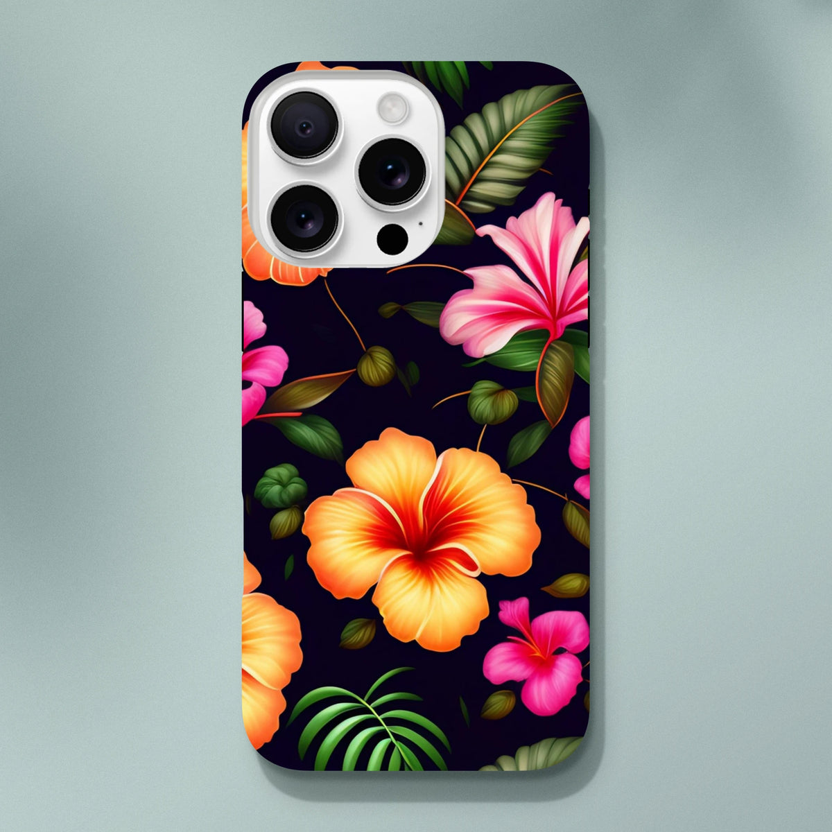 Tropical floral tough iPhone case featuring vibrant pink and orange hibiscus flowers with green palm leaves on a dark background.