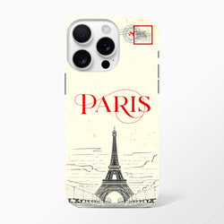Vintage-style Paris iPhone case featuring Eiffel Tower sketch, red text, and travel stamp graphic for rugged protection.