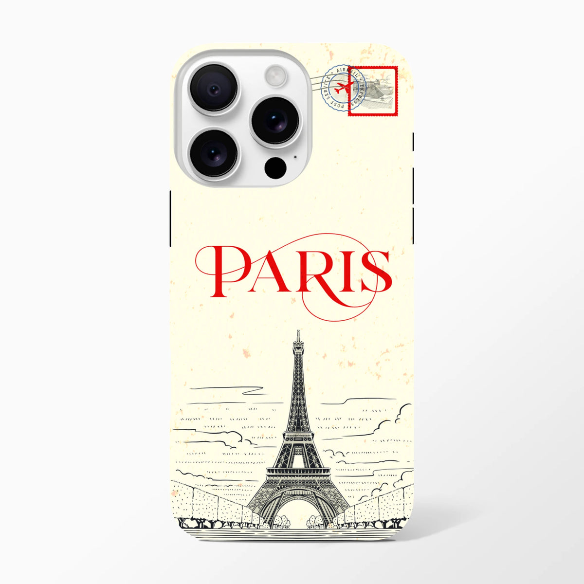 Vintage-style Paris iPhone case featuring Eiffel Tower sketch, red text, and travel stamp graphic for rugged protection.