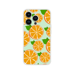 Orange citrus slice iPhone case on mint green background with a frosted matte finish.