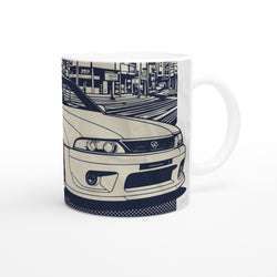 Glossy white ceramic mug with navy JDM drift car artwork and city street scene