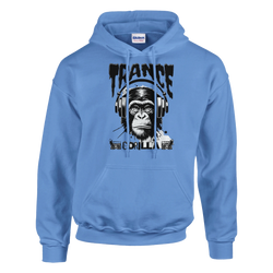 Blue Trance Gorilla men's graphic hoodie with gorilla wearing headphones and bold text.