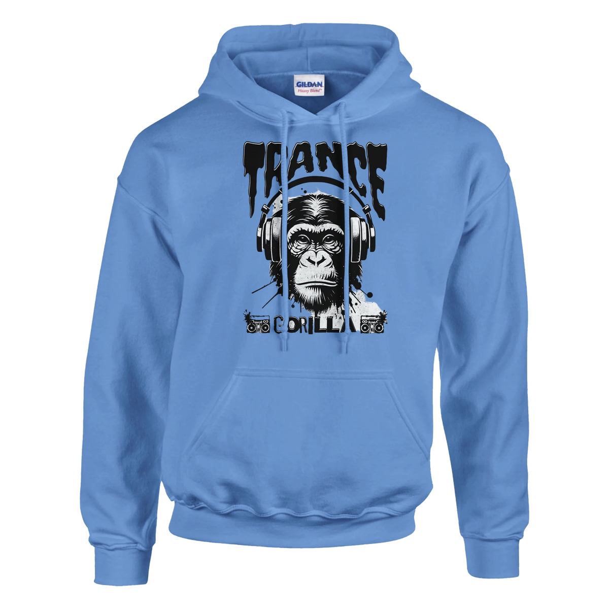 Blue Trance Gorilla men's graphic hoodie with gorilla wearing headphones and bold text.