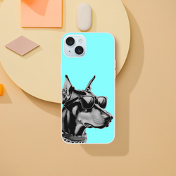 Cool Dog iPhone Case (13-16) Retro aesthetic turquoise, slim flexible matte shell with dog wearing sunglasses graphic