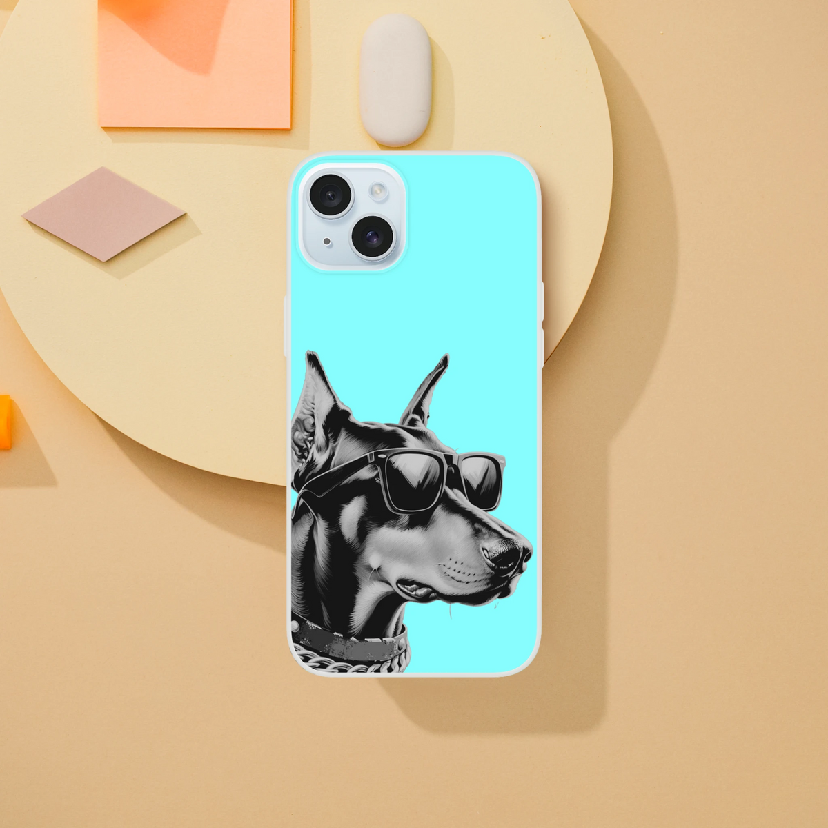 Cool Dog iPhone Case (13-16) Retro aesthetic turquoise, slim flexible matte shell with dog wearing sunglasses graphic