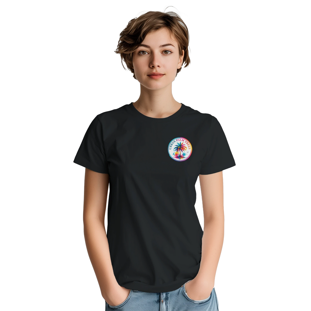 Woman wearing black retro tee with colorful "Urban Palm Trees" chest logo. Tropical style short-sleeve shirt paired with denim jeans.
