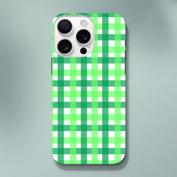 Retro green gingham iPhone case with bold plaid pattern. Tough protective cover for iPhone 13-16.