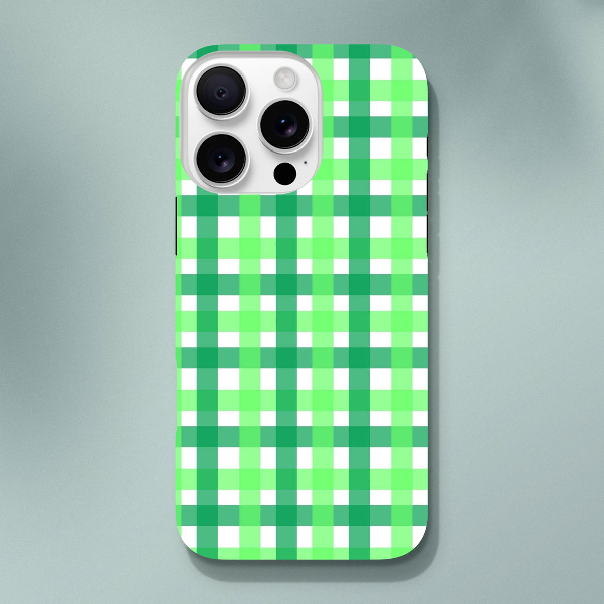 Retro green gingham iPhone case with bold plaid pattern. Tough protective cover for iPhone 13-16.