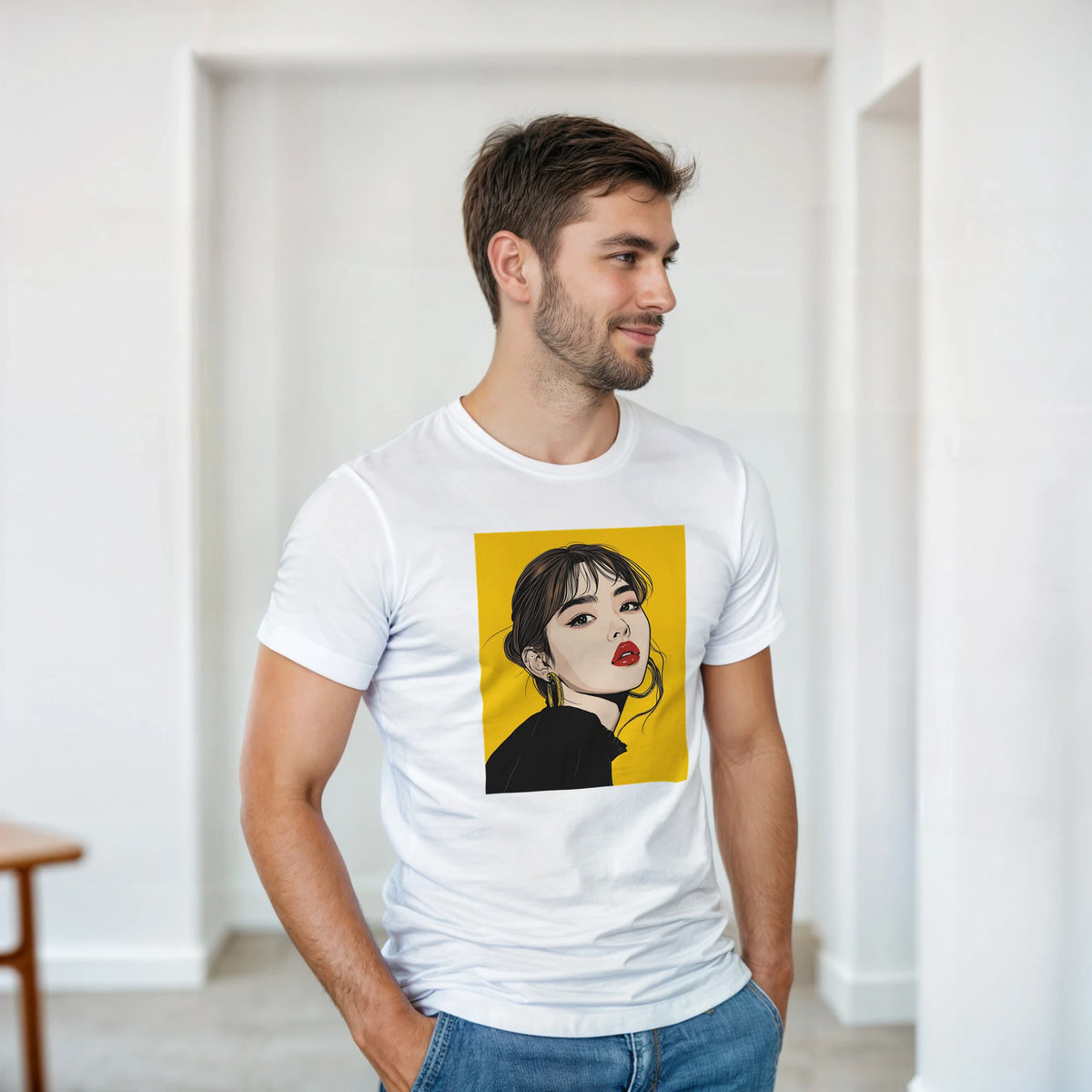 Man wearing white Pop Art graphic tee featuring a stylized woman with red lips on a yellow background for bold streetwear style.