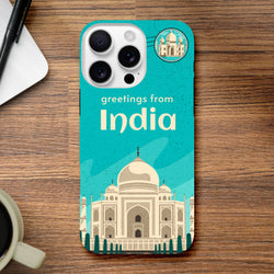 Turtle-dove turquoise postcard case featuring Taj Mahal illustration and greetings from India text for iPhone 13-16 protection.
