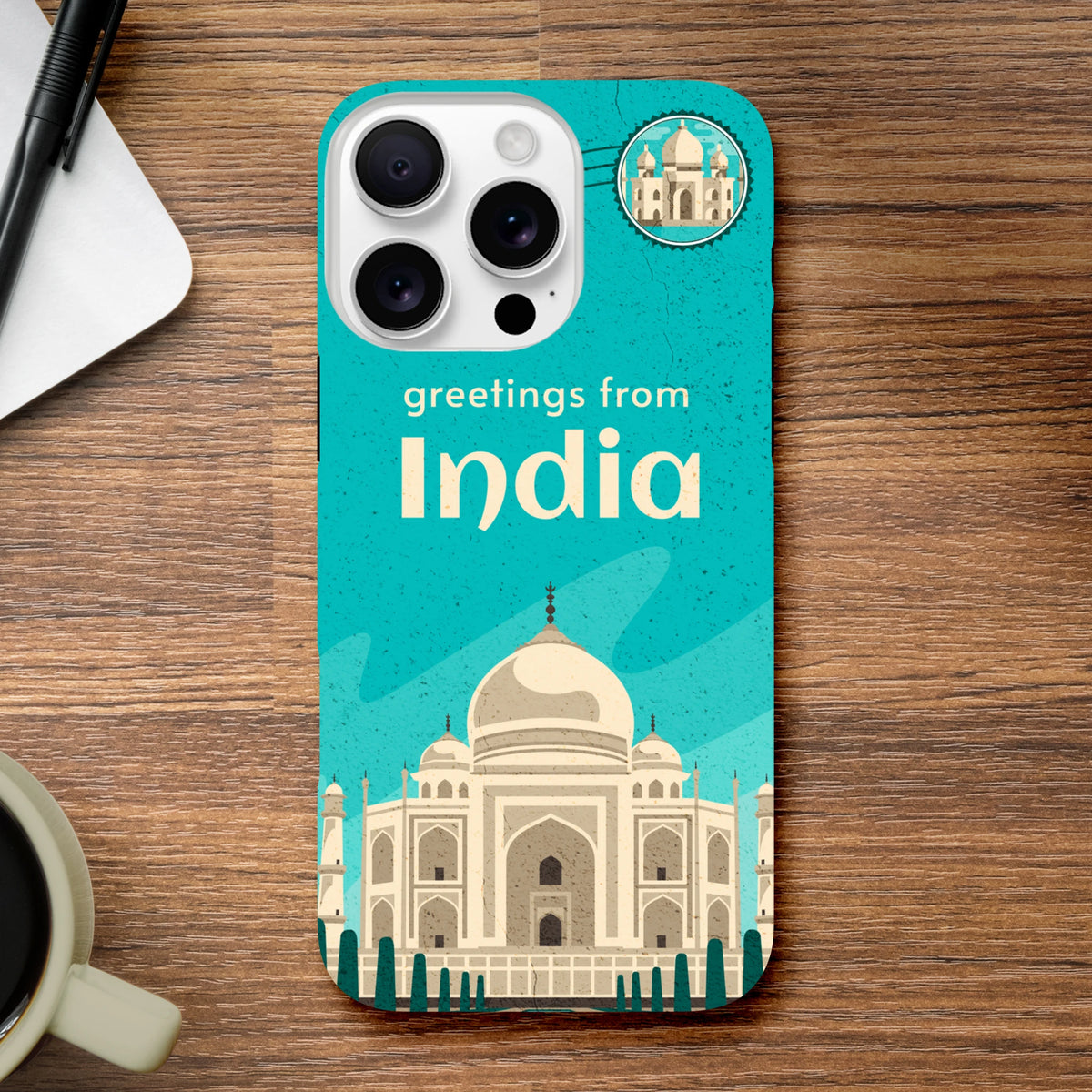 Turtle-dove turquoise postcard case featuring Taj Mahal illustration and greetings from India text for iPhone 13-16 protection.