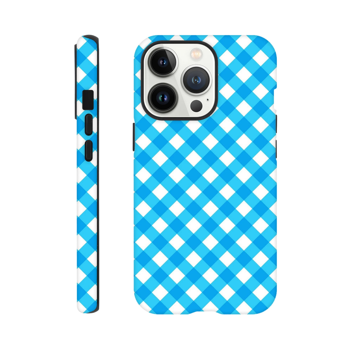 Retro blue gingham checkered iPhone case providing tough shock-absorbing protection and wireless charging compatibility for daily use.