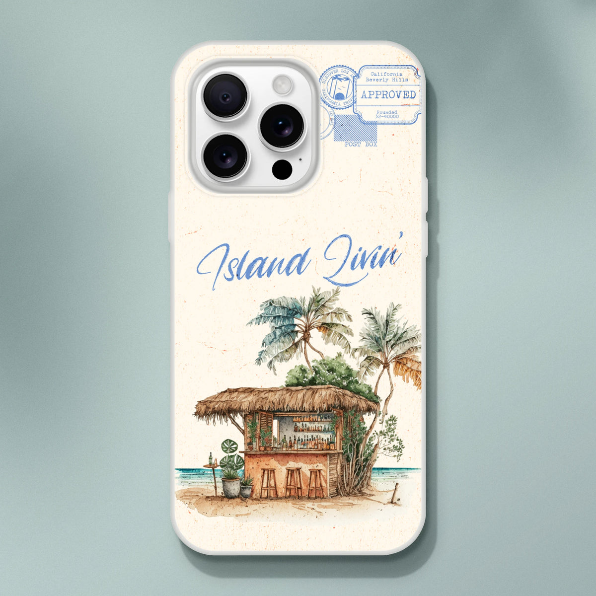 Vintage postcard-style iPhone case (13-16) with island scene, palm trees, thatched hut, and blue postal stamp art.