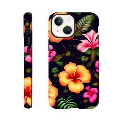 Tropical floral tough iPhone case featuring vibrant orange and pink hibiscus flowers with green palm leaves on a dark background.