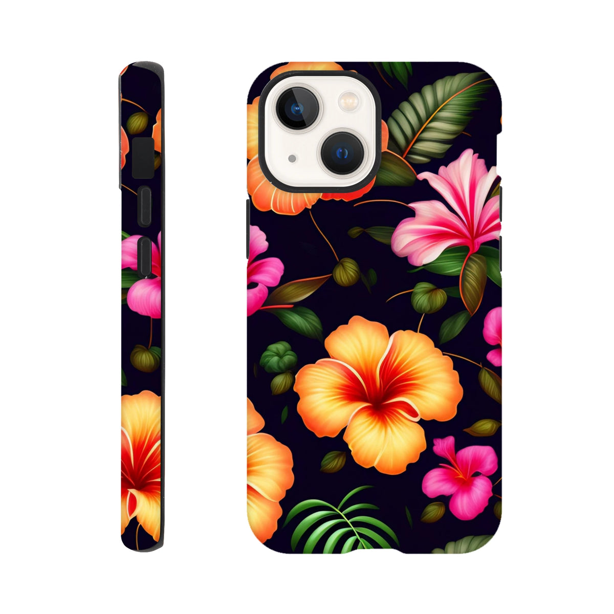 Tropical floral tough iPhone case featuring vibrant orange and pink hibiscus flowers with green palm leaves on a dark background.