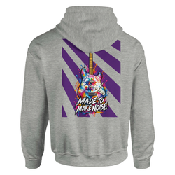 Back of gray hoodie featuring colorful electric guitar graphic with purple stripes and "Made To Make Noise" text.
