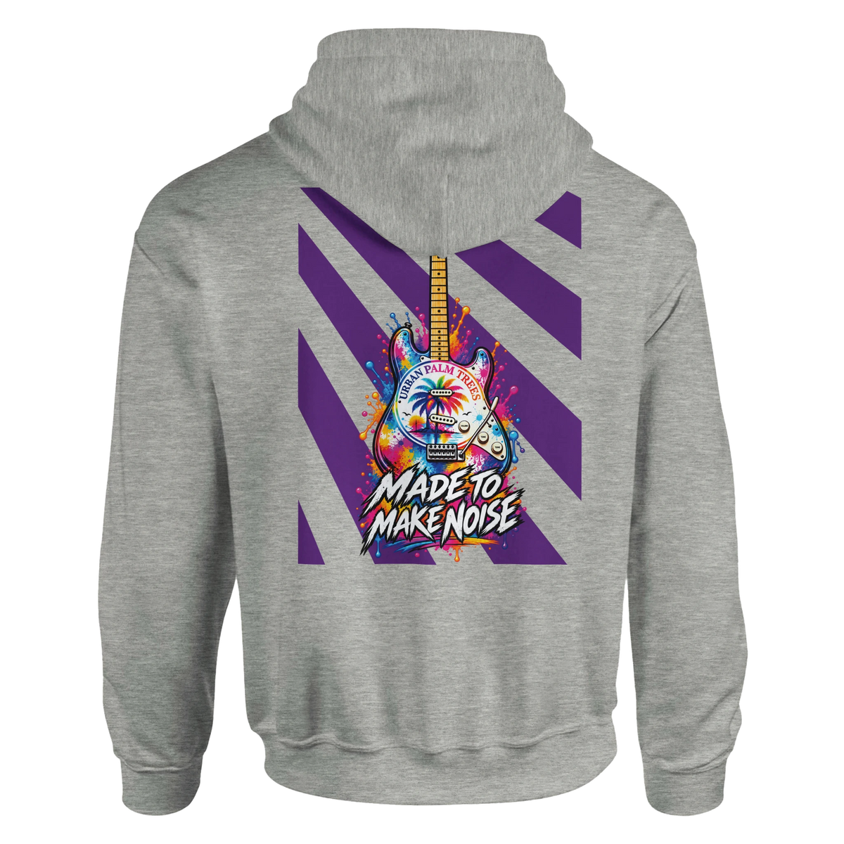 Back of gray hoodie featuring colorful electric guitar graphic with purple stripes and "Made To Make Noise" text.