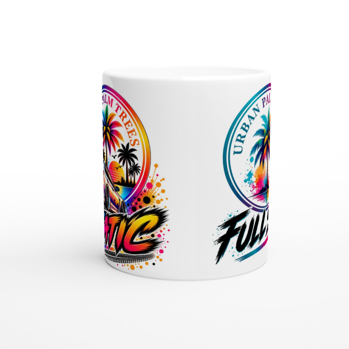 Vibrant white ceramic petrolhead mug featuring colorful palm tree sunset art and spray paint graphics for car enthusiasts.