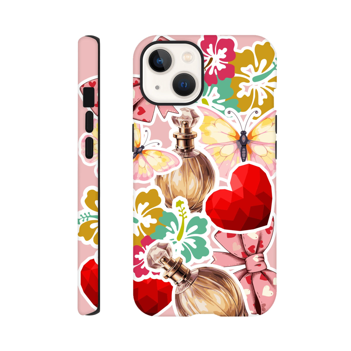 Pink floral iPhone case featuring sticker-style butterfly, perfume bottle, red heart, and bow graphics for a trendy streetwear look.