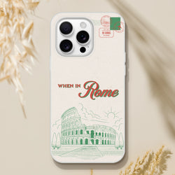 Vintage postcard iPhone case featuring Rome stamps and Colosseum illustration; slim matte, lightweight TPU.