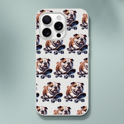 Transparent iPhone case with repeating bulldog on skateboard design; slim protective cover for iPhone 13-16.