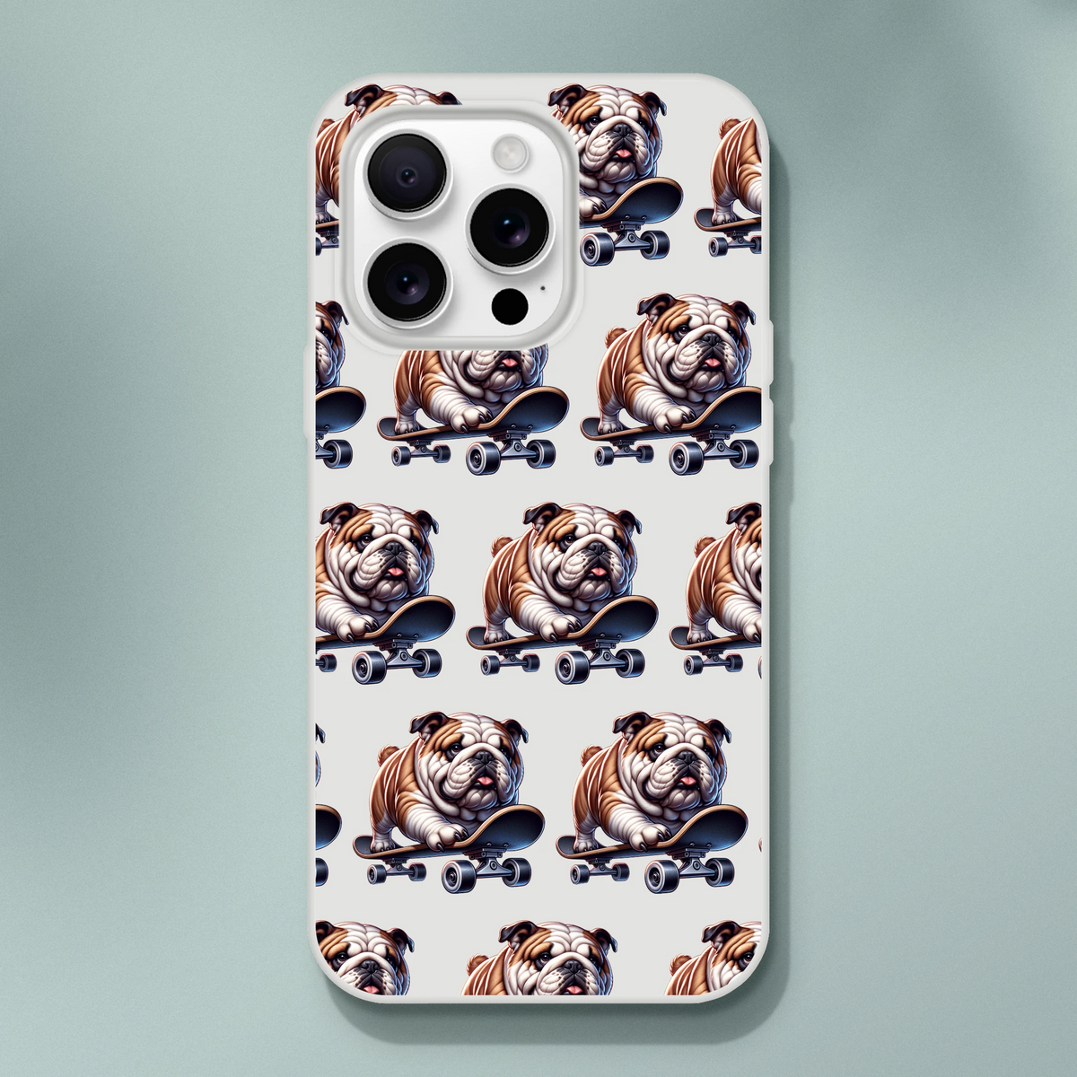 Transparent iPhone case with repeating bulldog on skateboard design; slim protective cover for iPhone 13-16.
