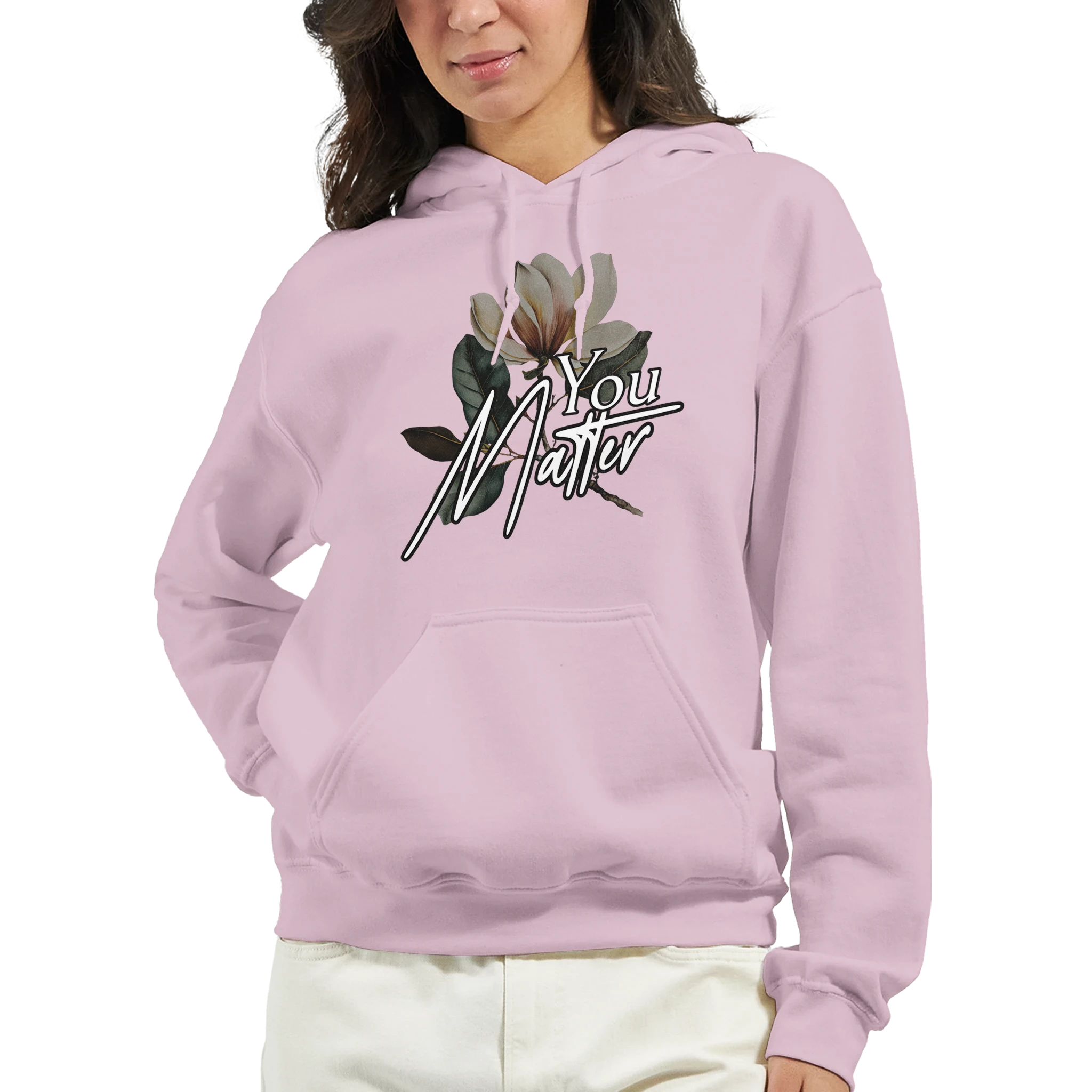 Pink women's graphic hoodie with You Matter slogan over floral design, front pocket, soft cotton blend.