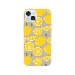 Lemon-pattern iPhone case for iPhone 13–16 with bright yellow citrus slices on a gray background and green leaves.