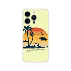 Retro Beach iPhone Case (13-16) featuring a palm tree sunset beach scene on a yellow background