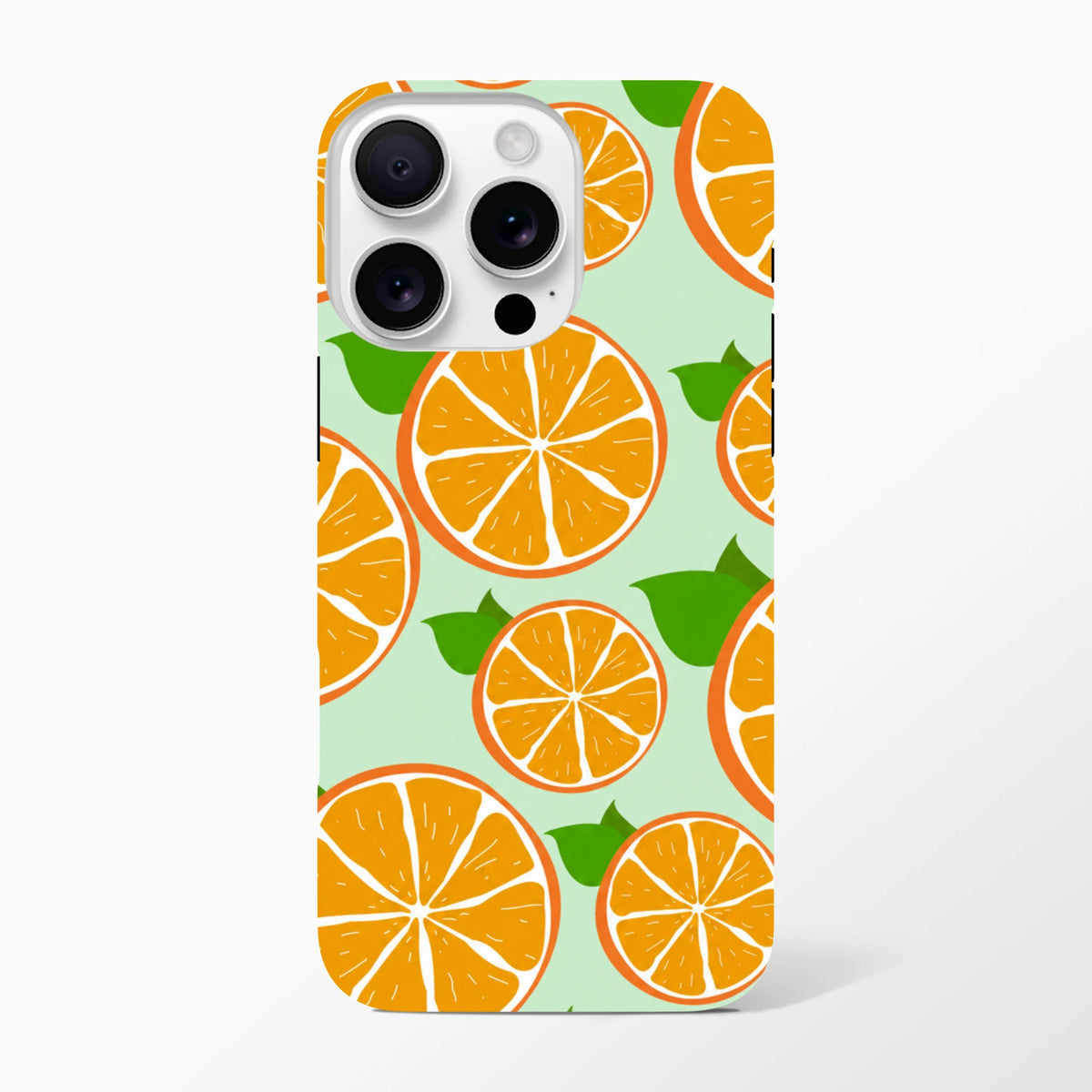 Cute orange fruit pattern iPhone case with sliced citrus and green leaves on mint background. Tough drop-proof cover for街wear style.