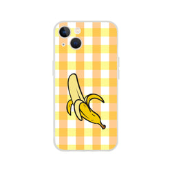 Banana-gingham yellow iPhone case for 13-16 with bold checker pattern and banana illustration.
