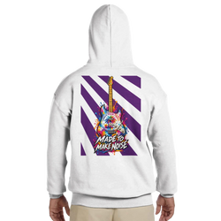 White hoodie back print featuring a colorful electric guitar with purple stripes and "Made To Make Noise" text.