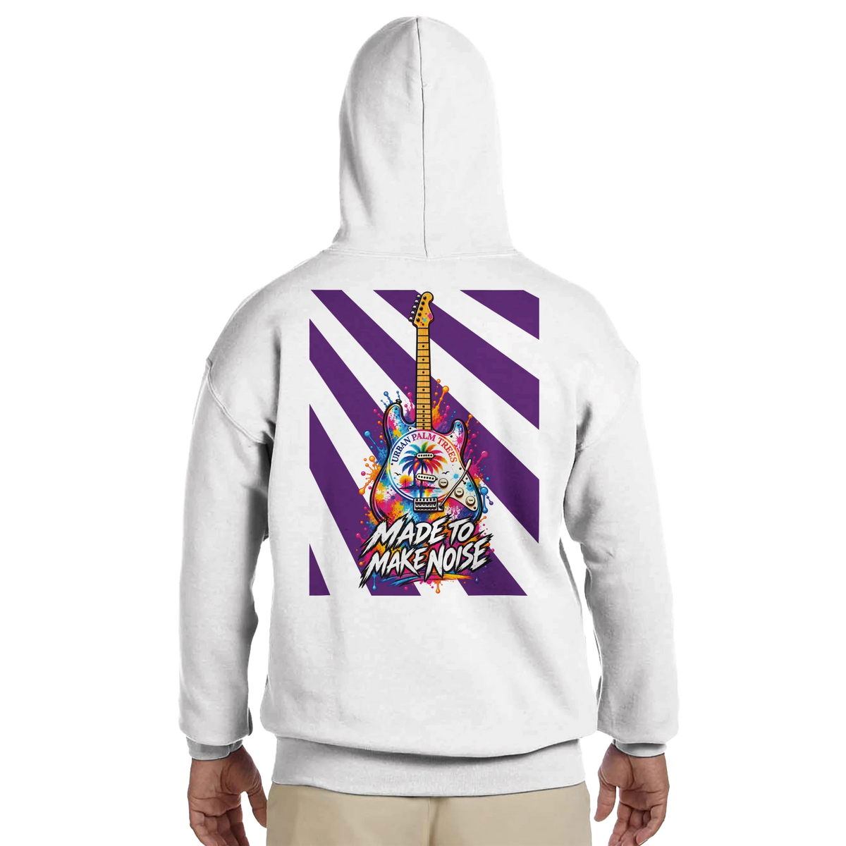 White hoodie back print featuring a colorful electric guitar with purple stripes and "Made To Make Noise" text.