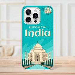 Vintage postcard iPhone case with turquoise background, Taj Mahal illustration, and greetings from India text.