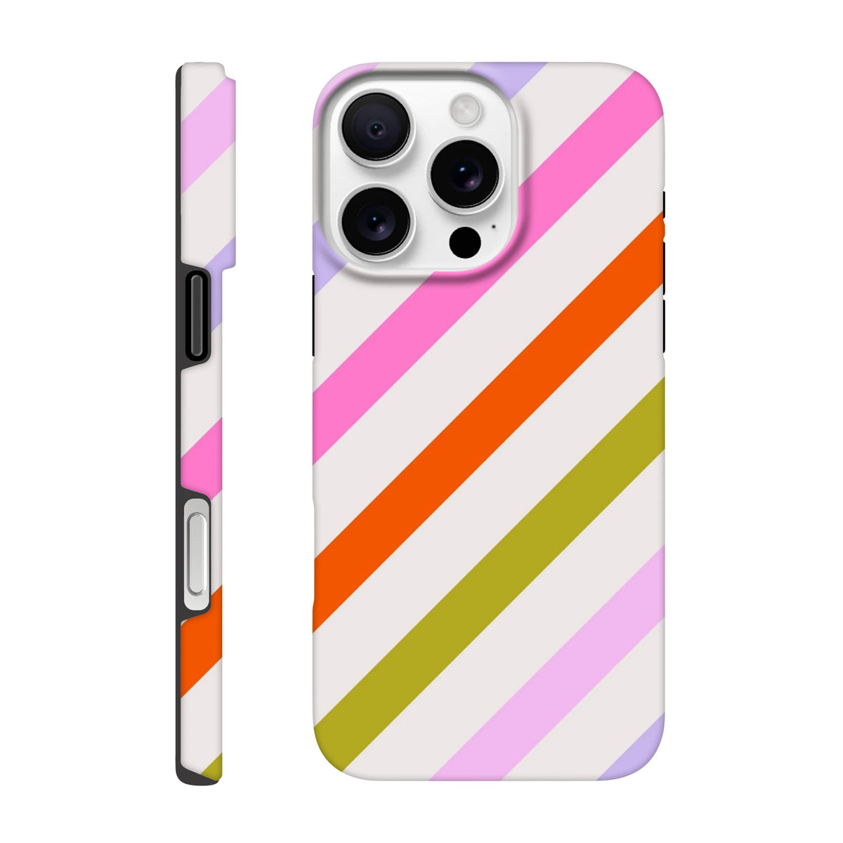 Retro iPhone case with pink, orange, and green diagonal stripes. tough dual-layer protective cover for drop and scratch resistance.