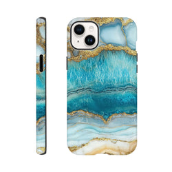 Blue agate tough iPhone case featuring teal and gold marble layout with street-ready edges for models 13 through 16.