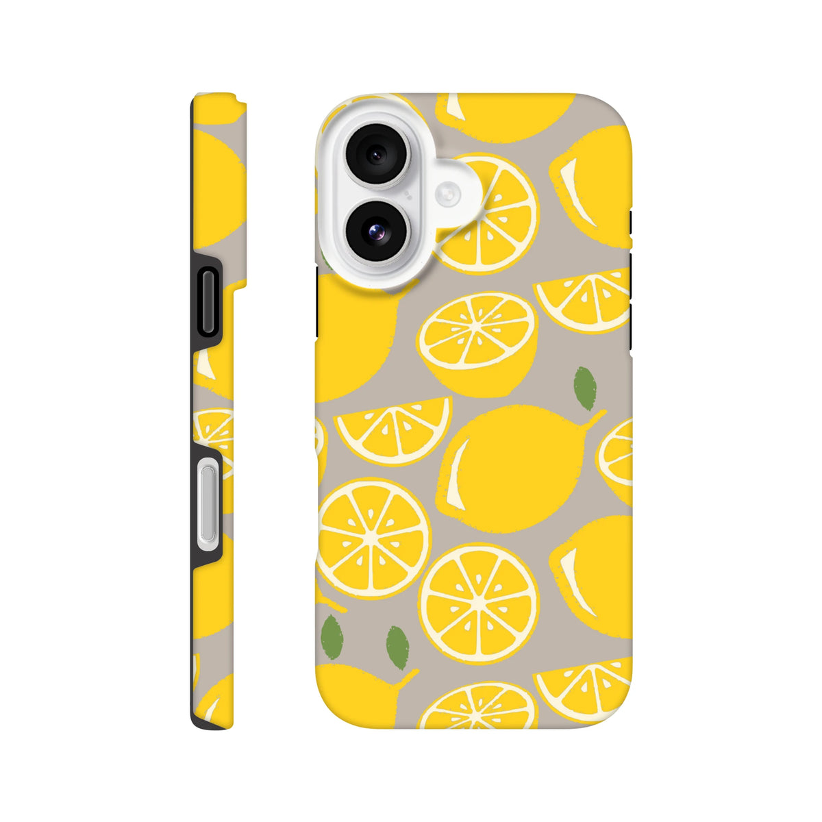 Cute yellow lemon tough iPhone case featuring a bold citrus pattern on a grey background with durable drop guard handles.