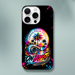 Black iPhone case featuring colorful turbocharger, palm trees, and ON BOOST text with paint splatter for modified car culture.