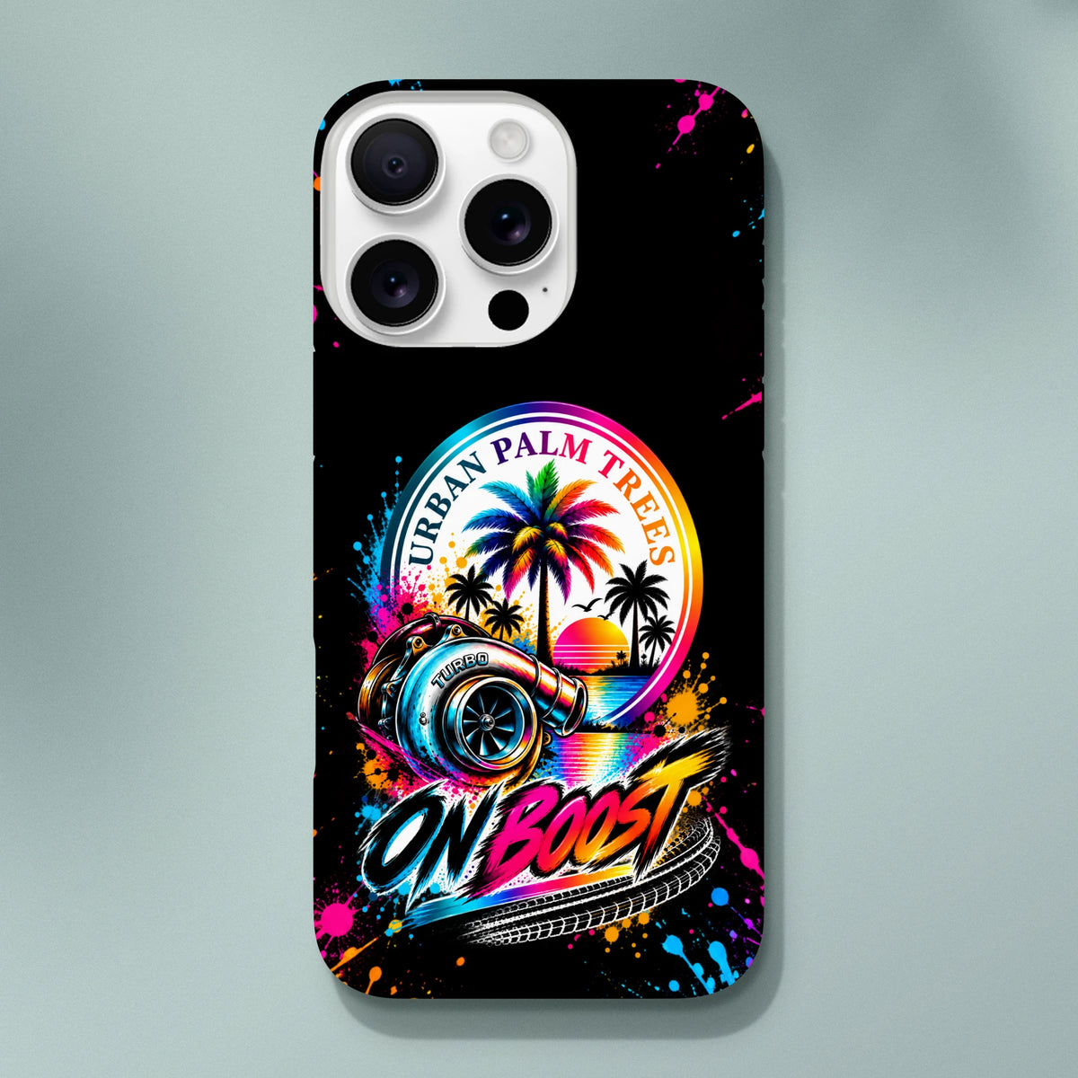 Black iPhone case featuring colorful turbocharger, palm trees, and ON BOOST text with paint splatter for modified car culture.