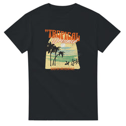 Tropical Dreamer women's graphic tee in a soft cotton blend with retro sunset, palm trees, and waves on dark fabric.