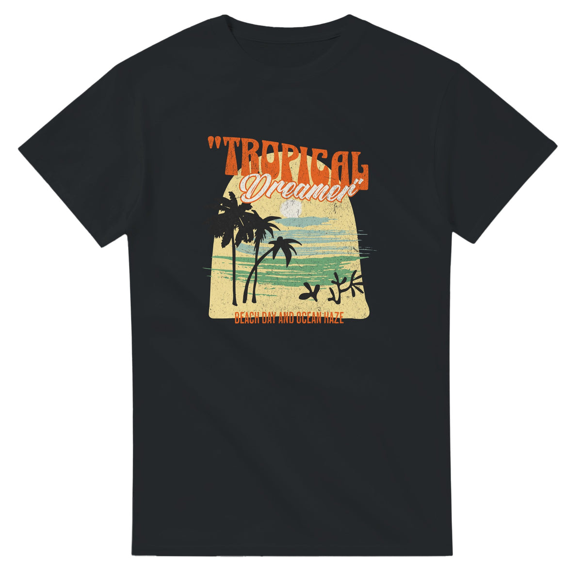 Tropical Dreamer women's graphic tee in a soft cotton blend with retro sunset, palm trees, and waves on dark fabric.