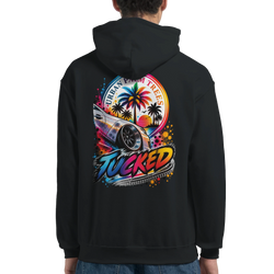 Black hoodie back featuring colorful "Tucked" car culture graphic with lowered vehicle, palm trees, and Urban Palm Trees sunset design.
