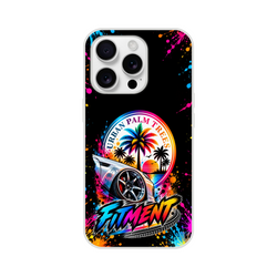Fitment Stance iPhone case featuring lowered car, colorful Urban Palm Trees sunset design, and vibrant paint splatter art on black background.